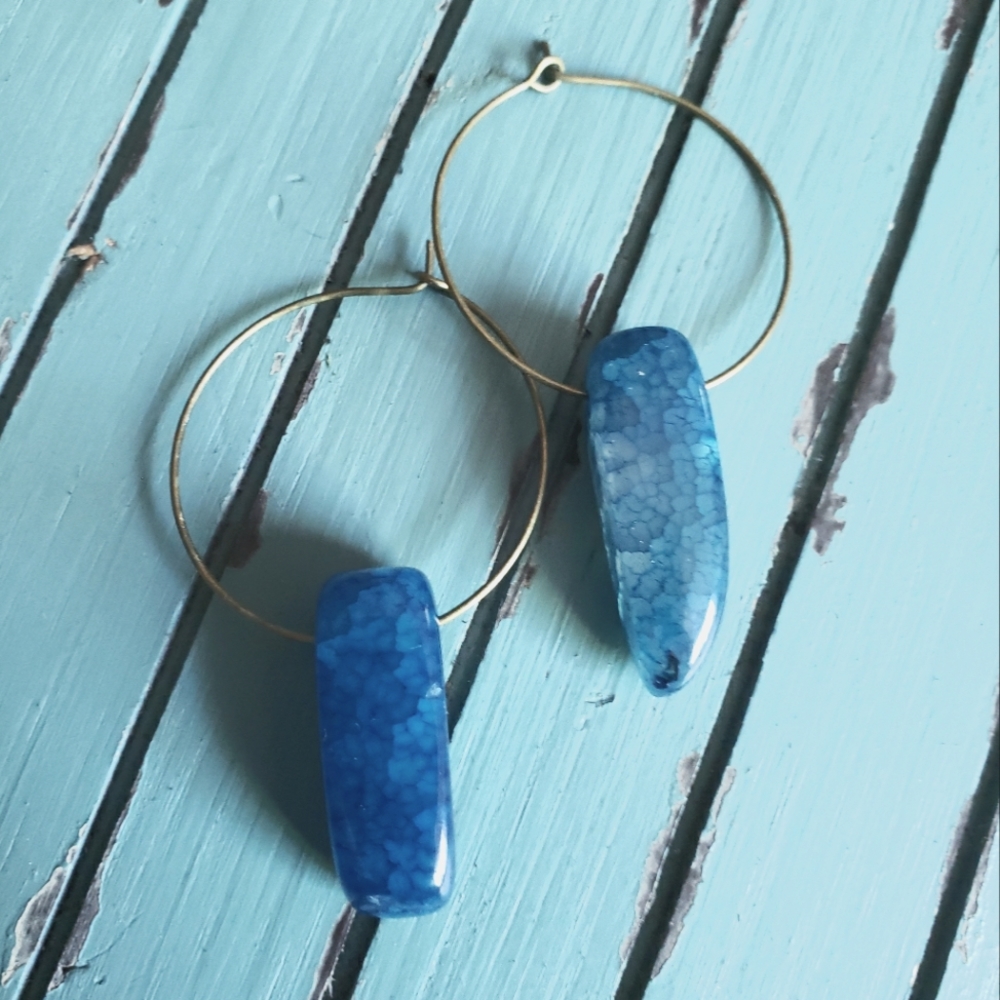 Handmade Blue Crackle Agate Quartz Healing Hoop Earrings